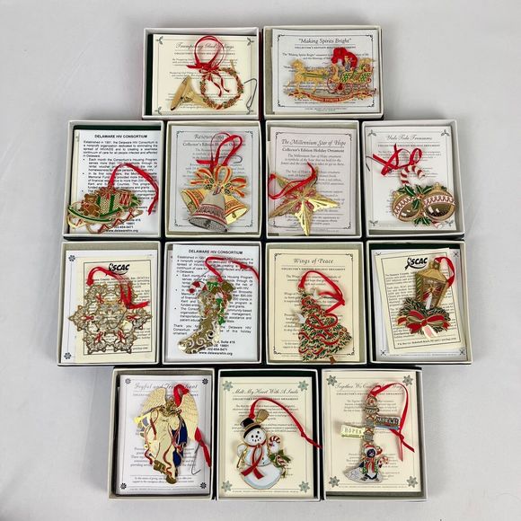 13 Holiday Ornaments HIV/AIDS Awareness Collectors Edition Gold Plated Brass Lot - Picture 1 of 6